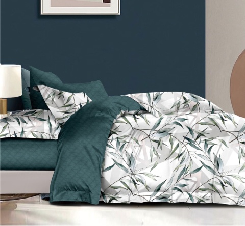 Collection World Pościel bawełniana zielone liście styl naturalny 160x200 cm komplet 3-częściowy M1906