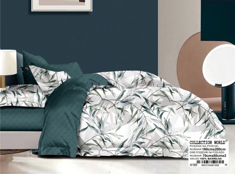 Collection World Pościel bawełniana zielone liście styl naturalny 160x200 cm komplet 3-częściowy M1906