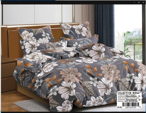 Collection World Pościel bawełniana grafitowa w kwiaty 160x200 cm komplet 3-częściowy M2113