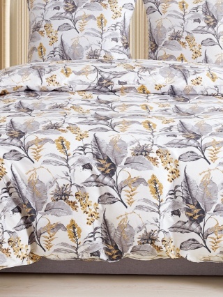 Collection World Pościel bawełniana w stylowe liście szaro-złota 160x200 cm komplet pościeli 3-częściowy M2053