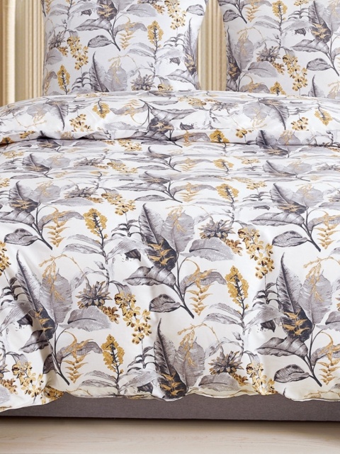 Collection World Pościel bawełniana w stylowe liście szaro-złota 160x200 cm komplet pościeli 3-częściowy M2053