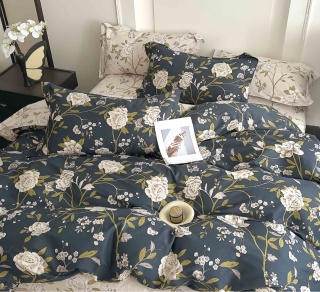 Collection World Pościel bawełniana granatowa w kwiaty 200x220 cm komplet 3-częściowy M2087