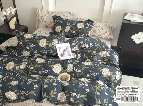 Collection World Pościel bawełniana granatowa w kwiaty 200x220 cm komplet 3-częściowy M2087