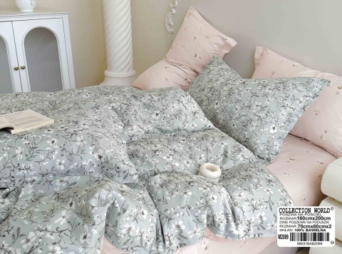 Collection World Pościel bawełniana dwustronna kwiaty na błękitnozielonym tle 160x200 cm komplet pościeli 3-częściowy M2089