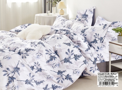 Collection World Pościel bawełniana biała granatowe liście i kwiaty 200x220 cm komplet 3-częściowy M2073