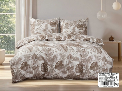 Collection World Pościel bawełniana beżowo brązowe liście tropikalne 160x200 cm komplet 3-częściowy M2071