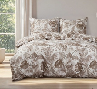 Collection World Pościel bawełniana beżowo brązowe liście tropikalne 200x220 cm komplet 3-częściowy M2071