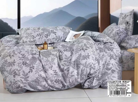 Collection World Pościel bawełniana szara z motywem liści 200x220 cm komplet 3-częściowy M2056