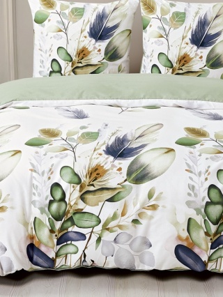 Collection World Pościel bawełniana liście i pióra zielona naturalna 200x220 cm komplet pościeli 3-częściowy M2052