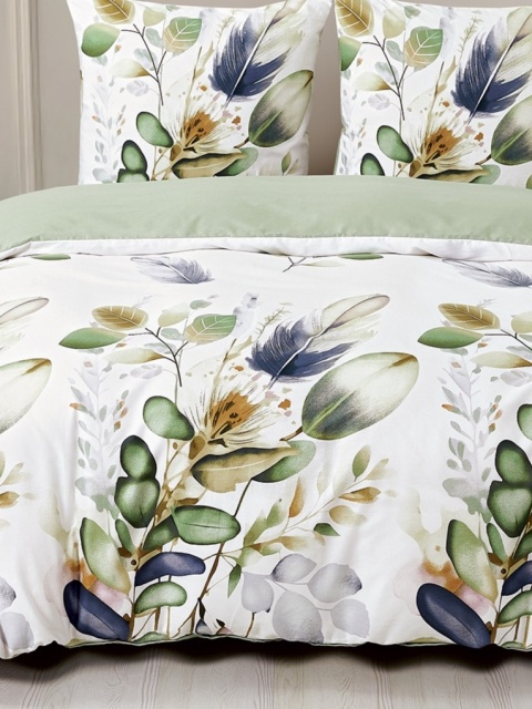 Collection World Pościel bawełniana liście i pióra zielona naturalna 200x220 cm komplet pościeli 3-częściowy M2052