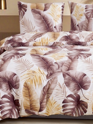 Collection World Pościel bawełniana w liście beżowo-brązowa 200x220 cm komplet pościeli 3-częściowy M2054