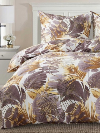 Collection World Pościel bawełniana liście duże brązowo-złote dekoracyjna 200x220 cm komplet pościeli 3-częściowy M2070