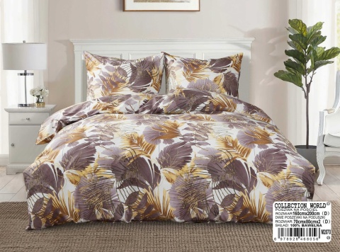 Collection World Pościel bawełniana liście duże brązowo-złote dekoracyjna 200x220 cm komplet pościeli 3-częściowy M2070