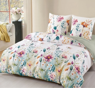 Pościel bawełniana 160x200 3-części biała w kolorowe kwiaty łąkowe #M1946