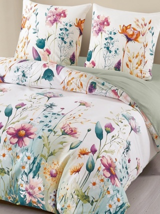 Pościel bawełniana 160x200 3-części biała w kolorowe kwiaty łąkowe #M1946