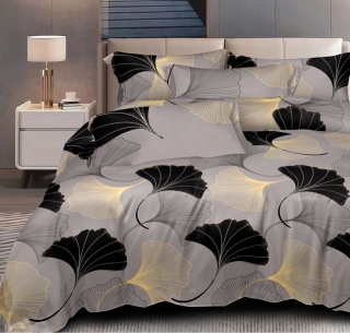 Pościel bawełniana 160x200 3-części szara w liście miłorzębu ginkgo #M1891