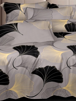 Pościel bawełniana 160x200 3-części szara w liście miłorzębu ginkgo #M1891