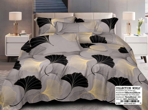 Pościel bawełniana 160x200 3-części szara w liście miłorzębu ginkgo #M1891