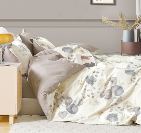 Pościel bawełniana beżowo-szara w liście 160x200 cm 3-częściowa #M1624