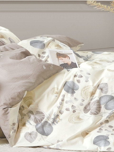 Pościel bawełniana beżowo-szara w liście 160x200 cm 3-częściowa #M1624