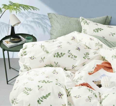 Pościel bawełniana biała w zielone liście 160x200 cm 3-częściowa #M1672