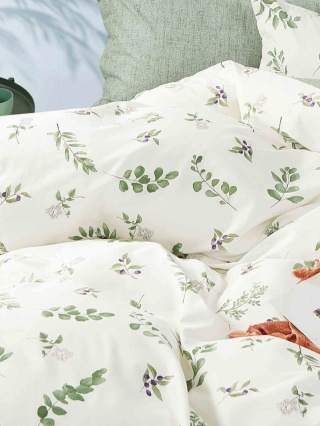 Pościel bawełniana biała w zielone liście 160x200 cm 3-częściowa #M1672