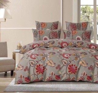 Pościel bawełniana w kwiaty szaro-czerwona 200x220 cm 3-częściowa #M1695