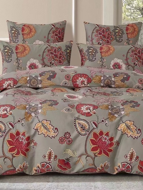 Pościel bawełniana w kwiaty szaro-czerwona 200x220 cm 3-częściowa #M1695