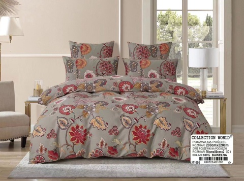 Pościel bawełniana w kwiaty szaro-czerwona 200x220 cm 3-częściowa #M1695