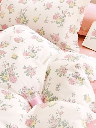 Pościel bawełniana w kwiaty kremowo-różowa 200x220 cm 3-częściowa #M1945