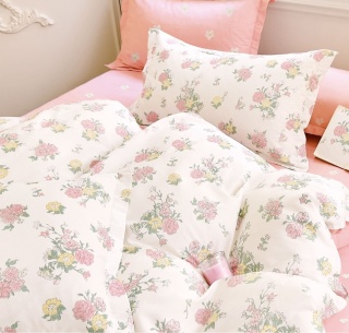 Pościel bawełniana w kwiaty kremowo-różowa 160x200 cm 3-częściowa #M1945