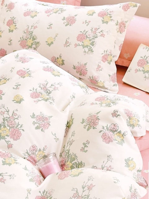 Pościel bawełniana w kwiaty kremowo-różowa 160x200 cm 3-częściowa #M1945