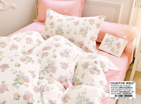 Pościel bawełniana w kwiaty kremowo-różowa 160x200 cm 3-częściowa #M1945