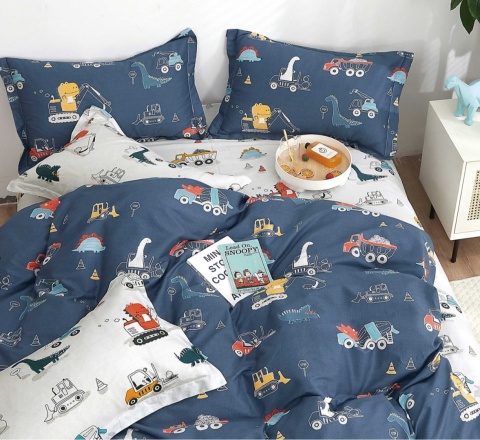 Pościel dziecięca bawełniana 160x200 Koparki Dinozaury 3-części #M1572