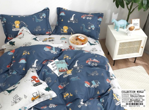 Pościel dziecięca bawełniana 160x200 Koparki Dinozaury 3-części #M1572
