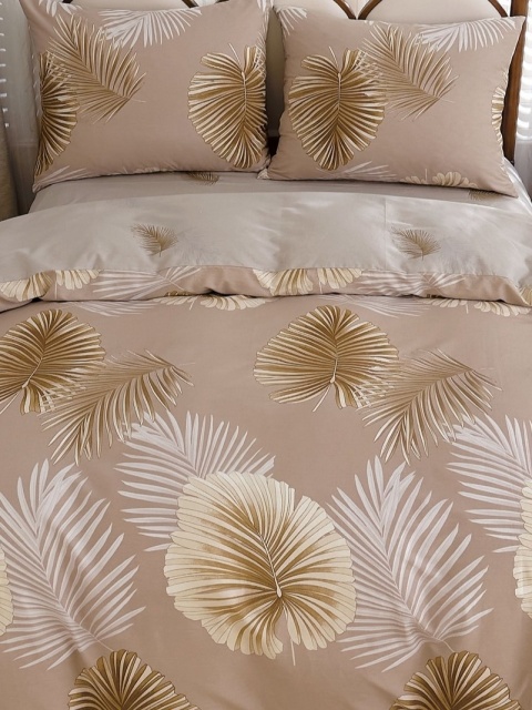 Collection World Pościel bawełniana liście palma beż złota premium 160x200 komplet 3-częściowy M1999