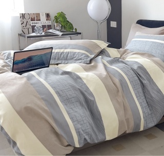 Collection World Pościel bawełniana pasy beż szary minimalistyczna 160x200 komplet 3-częściowy M2024