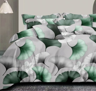 Collection World Pościel bawełniana liście miłorząb zielona elegancka 160x200 cm komplet 3-częściowy M2030