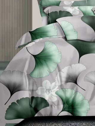 Collection World Pościel bawełniana liście miłorząb zielona elegancka 160x200 cm komplet 3-częściowy M2030