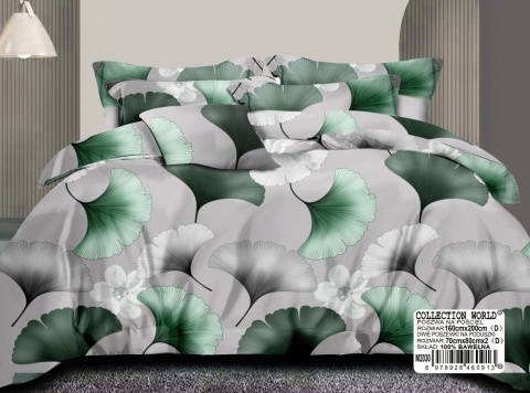 Collection World Pościel bawełniana liście miłorząb zielona elegancka 160x200 cm komplet 3-częściowy M2030