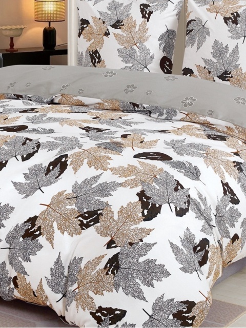 Collection World Pościel bawełniana liście jesienne elegancka szaro brązowa 180x200 komplet 3-częściowy M2021