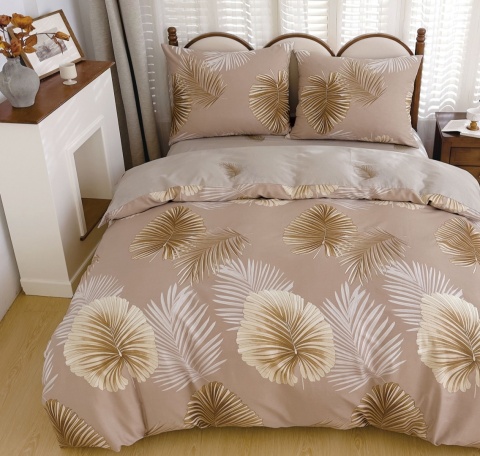 Collection World Pościel bawełniana liście palma elegancka złota beż 180x200 komplet 3-częściowy M1999
