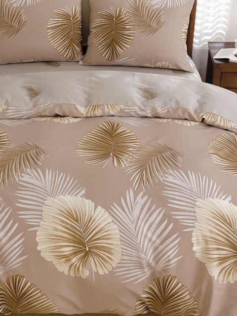Collection World Pościel bawełniana liście palma elegancka złota beż 180x200 komplet 3-częściowy M1999