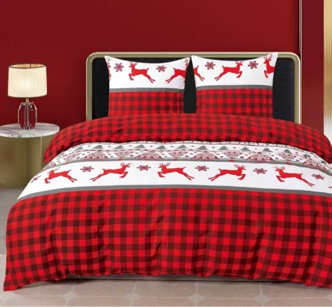 Collection World Pościel bawełniana czerwono-czarna kratka z motywem reniferów 200x220 cm komplet 3-częściowy M2025
