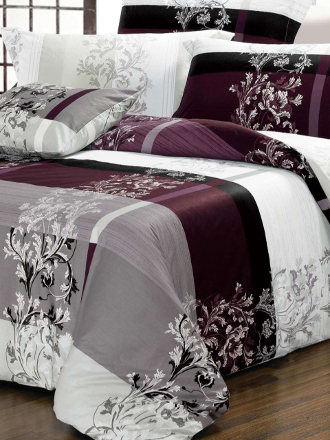 Collection World Pościel bawełniana 160x200 cm bordowo-szara w ornamentowe kwiaty – komplet pościeli 3-częściowy M135