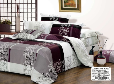 Collection World Pościel bawełniana 160x200 cm bordowo-szara w ornamentowe kwiaty – komplet pościeli 3-częściowy M135