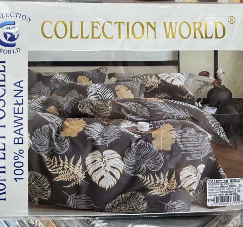 Collection World Pościel bawełniana liście tropikalne szary złoty wzór 160x200 komplet 3-częściowy M1964