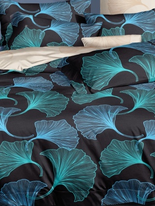 Collection World Pościel bawełniana liście ginkgo czarna elegancka nowoczesna 160x200 cm komplet pościeli 3-częściowy M1972