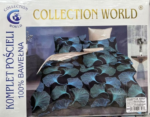 Collection World Pościel bawełniana liście ginkgo czarna elegancka nowoczesna 160x200 cm komplet pościeli 3-częściowy M1972