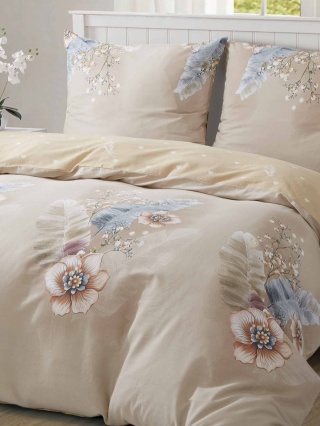 Collection World Pościel bawełniana kwiaty pióra romantyczna beżowa 160x200 komplet 3-częściowy M2020